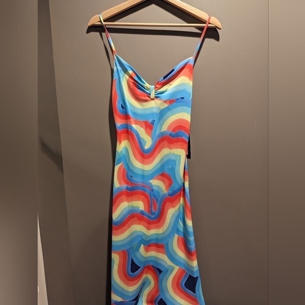 NWT Le Superbe Blue Rainbow Bessette Midi Sweetheart Slip Dress size Small $425